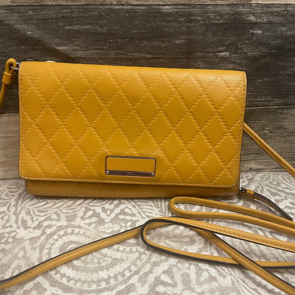 Tumi Quilted Yellow Leather Crossbody Wallet Bag Clutch Silver Hardware